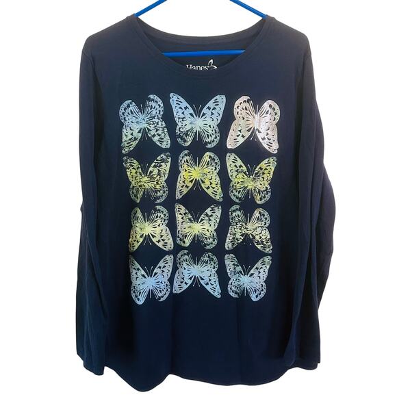 Hanes Glitter Butterfly Kidcore 90s Long Sleeve Navy Tshirt Size XXL - Picture 1 of 5